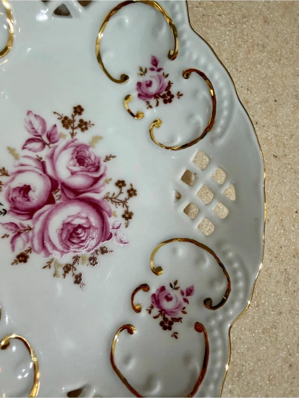 Weimar Porcelain Barbarina Pink Rose Trinket Candy Dish Bowl Gold Trim Filigree
